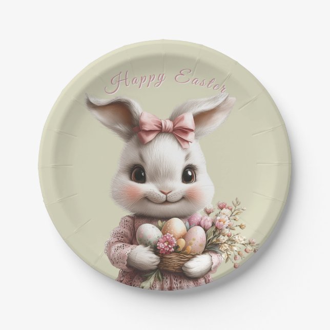 Adorable Easter Bunny Pink Bow Coloured Eggs Paper Plate (Front)
