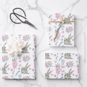 Adorable Easter Bunny Spring Pastel Flower Accents Wrapping Paper Sheet