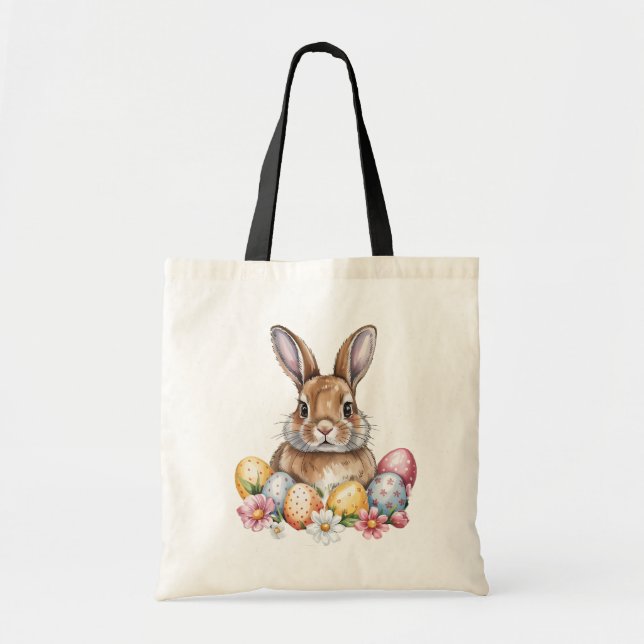 Adorable Easter Bunny with Colourful Eggs & Spring Tote Bag (Front)