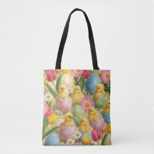 Adorable Easter Chicks & Floral Eggs Pattern Tote Bag