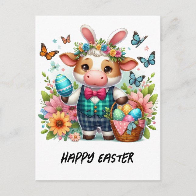 Adorable Easter Cow Bunny in Blue Plaid Suit Postcard (Front)