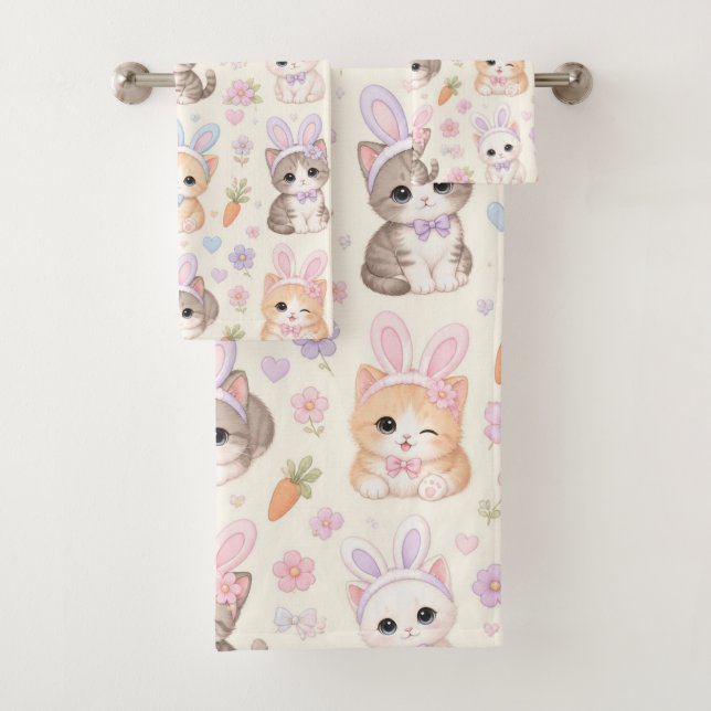 Adorable Easter Kittens with Bunny Ears Pattern Bath Towel Set (Insitu)