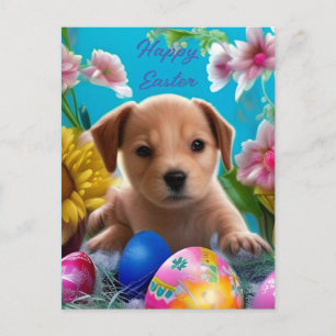 Adorable Easter Puppy, Flowers and Eggs Postcard