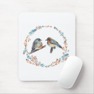 Adorable Eastern Bluebird Couple Floral Wreath Mouse Pad