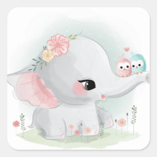 Adorable Elephant And Birds Square Sticker