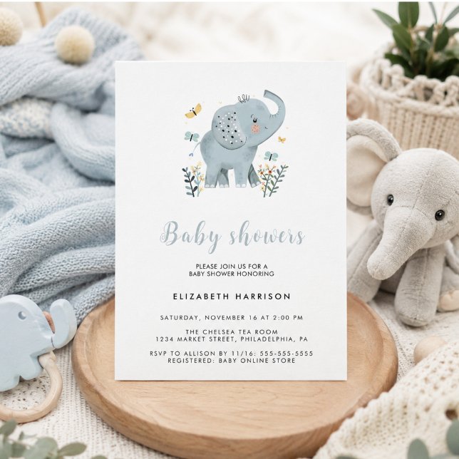 Adorable Elephant Blue Baby Boy Shower Invitation (Adorable Elephant Blue Baby Boy Shower Invitation)