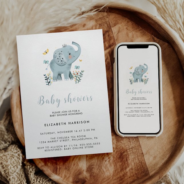 Adorable Elephant Blue Baby Boy Shower Invitation (Creator Uploaded)