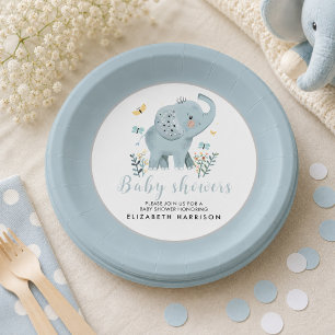 Adorable Elephant Blue Baby Boy Shower Paper Plate