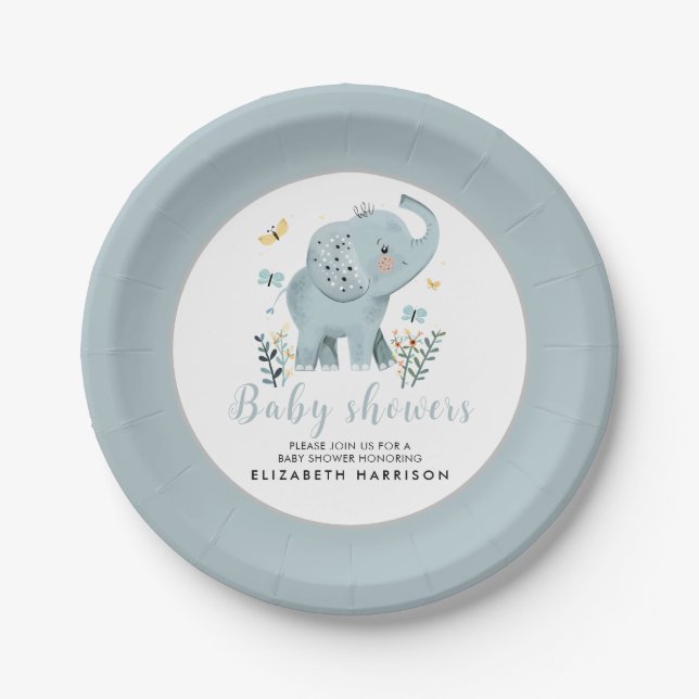 Adorable Elephant Blue Baby Boy Shower Paper Plate (Front)