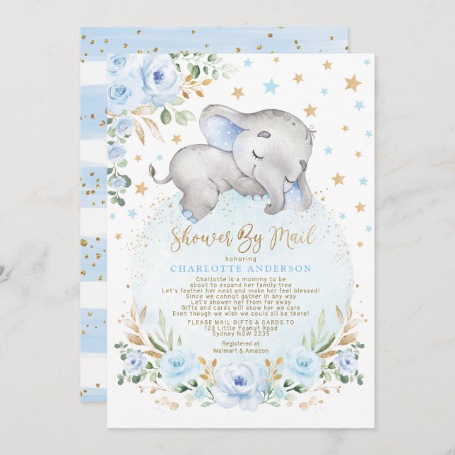 Adorable Elephant Blue Gold Baby Shower By Mail Invitation (Front/Back)
