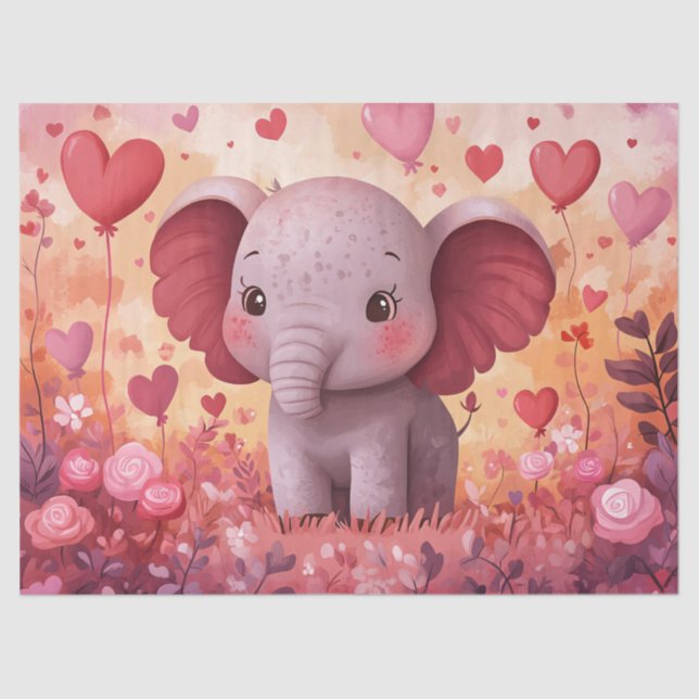 Adorable Elephant Calf Hearts & Flowers Decoupage Tissue Paper (Front)