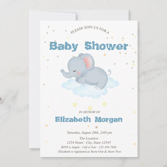 Adorable Elephant,Clouds, Stars Baby Shower Invitation (Front)