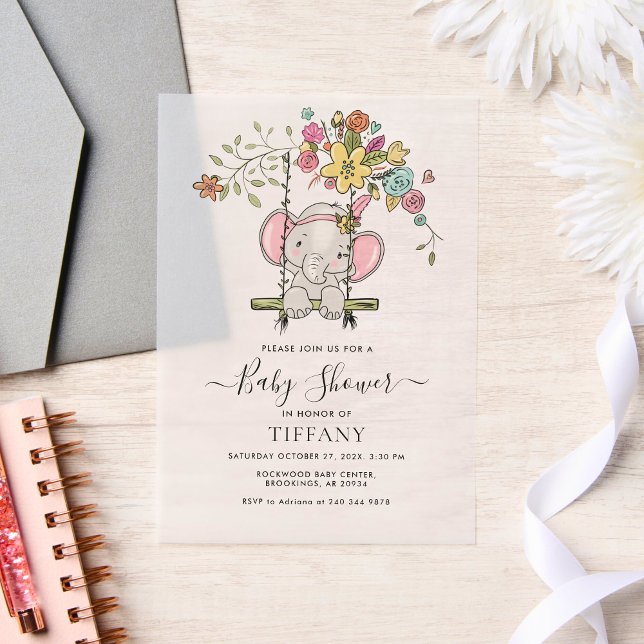 Adorable Elephant Girl Floral Swing Baby Shower Vellum Invitations (Creator Uploaded)