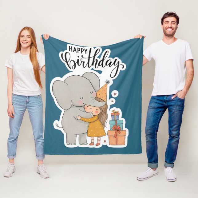 Adorable Elephant Hug Birthday Sticker Fleece Blanket (In Situ)