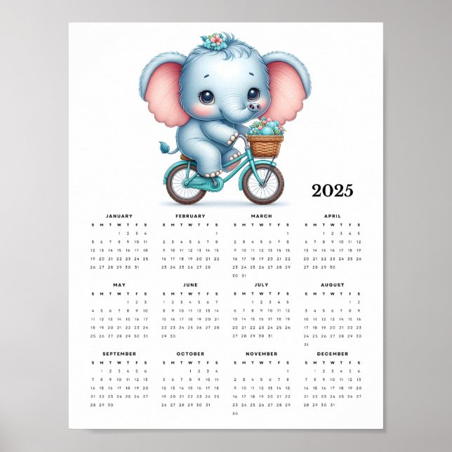 Adorable Elephant on a Bicycle 2025 Wall Calendar Poster (Front)