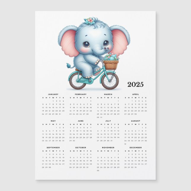 Adorable Elephant on a Bike 2025 Magnet Calendar (Front)