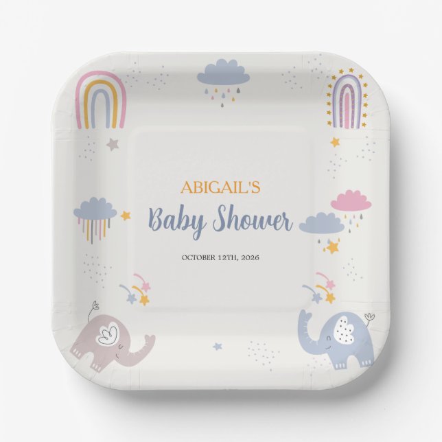 Adorable Elephant Rainbow Baby Shower Paper Plate (Front)