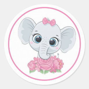 Adorable Elephant With Pink Flowers Classic Round Sticker