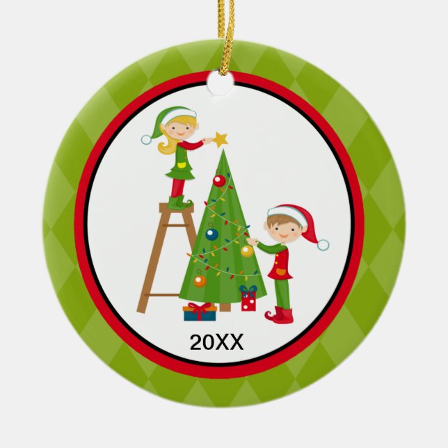 Adorable Elves Decorating Tree Christmas Ornament (Front)