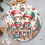 Adorable Elves in Santa's Workshop Christmas Classic Round Sticker<br><div class="desc">Christmas stickers with an illustration of cute little elves making toys in their North Pole Workshop. Cute whimsical Christmas art.</div>