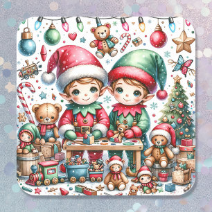 Adorable Elves in Santa's Workshop Christmas Square Sticker