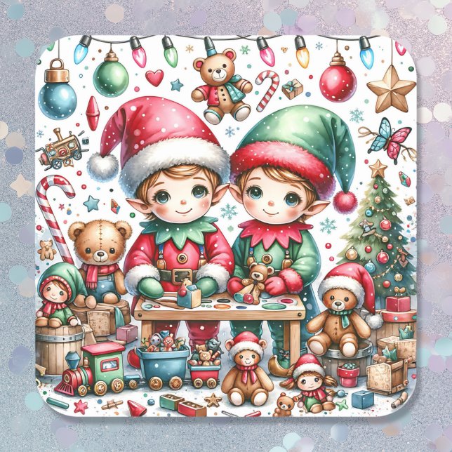 Adorable Elves in Santa's Workshop Christmas Square Sticker (Creator Uploaded)