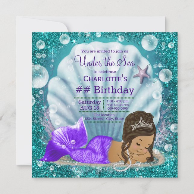 Adorable Ethnic Mermaid Under the Sea Birthday Invitation (Front)