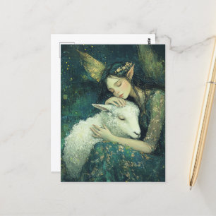 Adorable fairy and her sheep asleep postcard