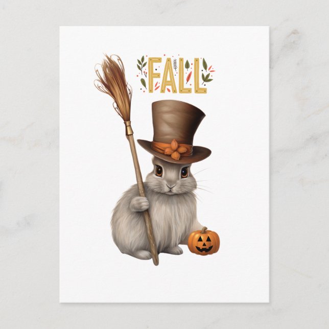 Adorable Fall Bunny with Broom Cute Autumn Rabbit Holiday Postcard (Front)