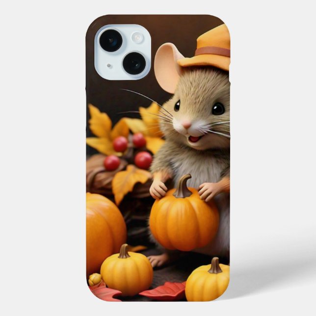 Adorable Fall Mouse with Pumpkins IPhone 15 Case (Back)