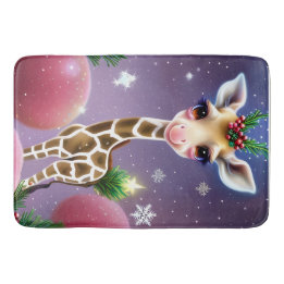 Adorable Fantasy Baby Giraffe with Holly  Bath Mat