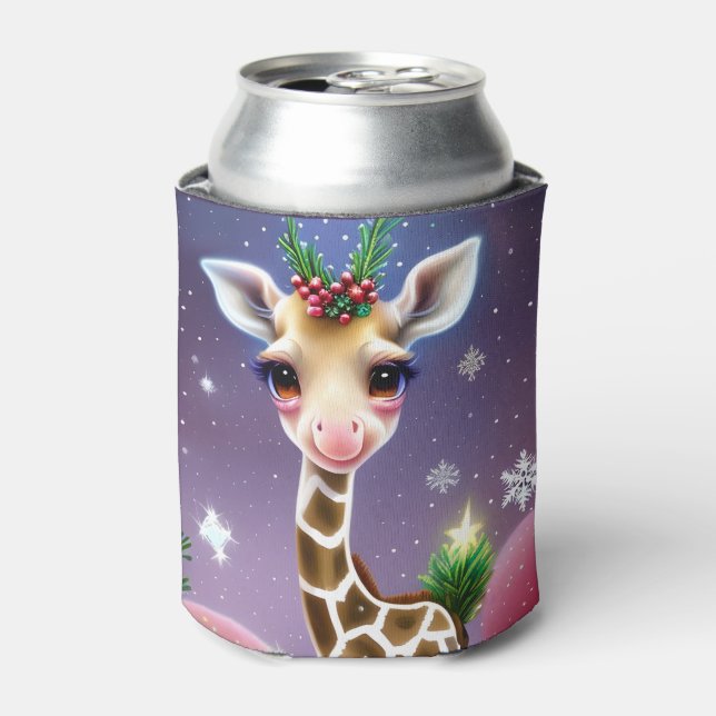 Adorable Fantasy Baby Giraffe with Holly  Can Cooler (Can Front)