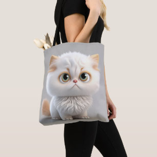 ADORABLE FANTASY WHITE CAT WITH BUFF EARS BIG EYES TOTE BAG