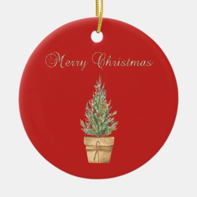 Adorable Faux Gold ,Christmas  Tree Red Ceramic Tree Decoration (Front)