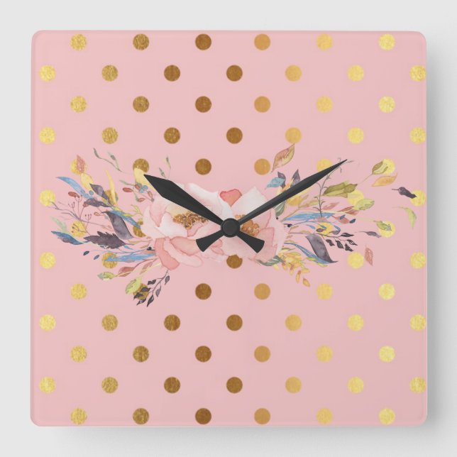 Adorable  Faux Gold Polka Dots Flowers Square Wall Clock (Front)