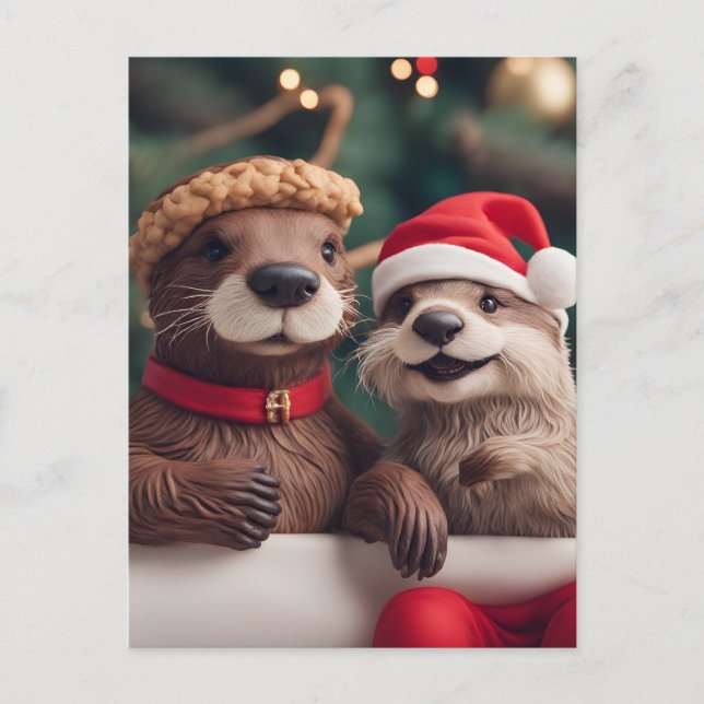 Adorable Festive Christmas Otters Postcard (Front)