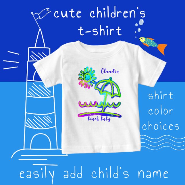 Adorable Finger Paint Art Beach Fun with Name Baby T-Shirt (Creator Uploaded)