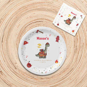 Adorable Firefighter Dino  birthday  Paper Plate