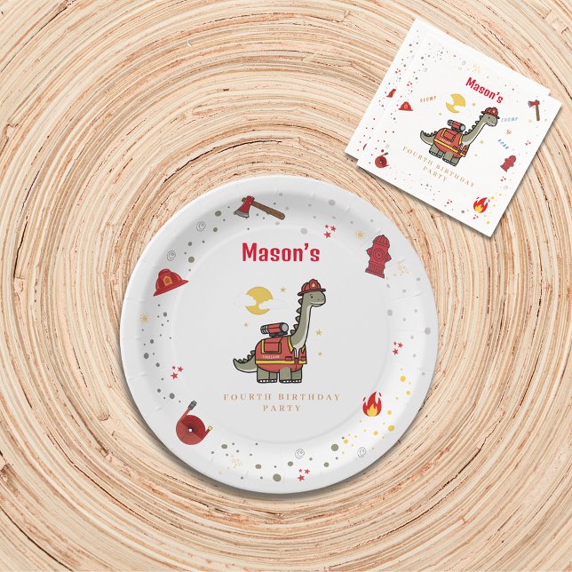 Adorable Firefighter Dino  birthday  Paper Plate (Creator Uploaded)