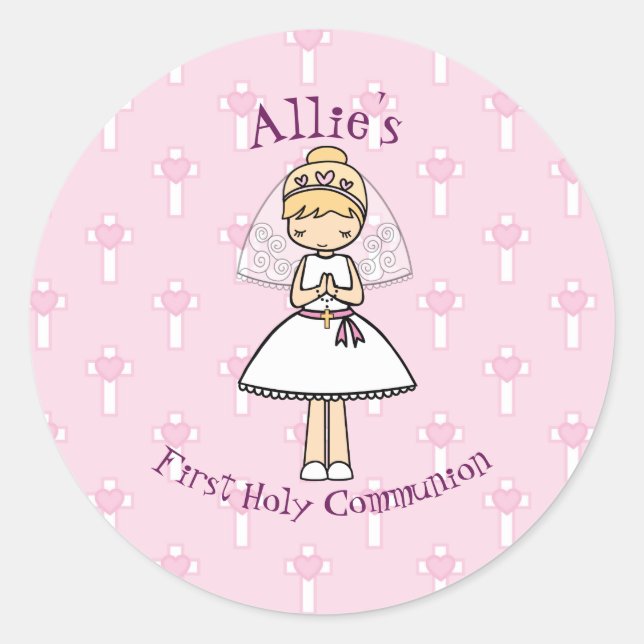 Adorable First Holy Communion little blonde girl Classic Round Sticker (Front)