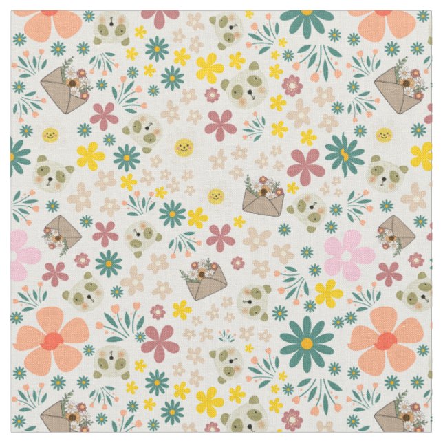 Adorable floral and animals girly fabric white (Close Up)