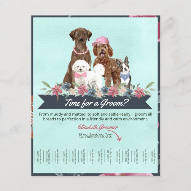 Adorable Floral and Mint Dog Groomer Tear Sheet (Front)