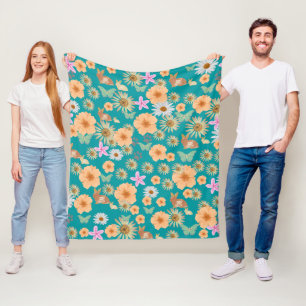 Adorable floral and rabbits blue fleece blanket