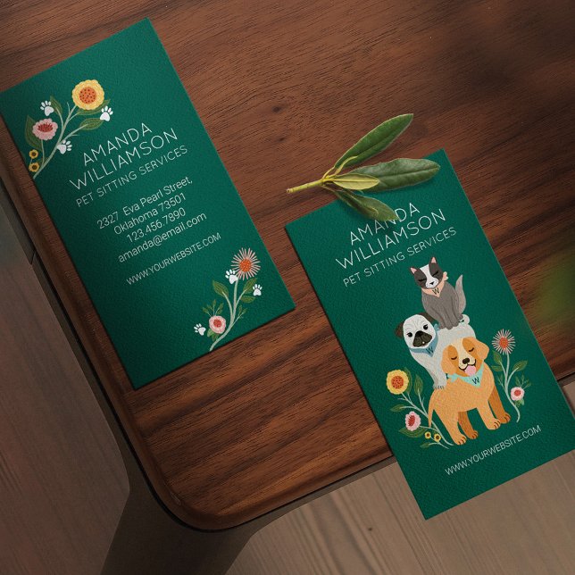 Adorable Floral Dog & Cat Pet Care Services Green Business Card (Creator Uploaded)