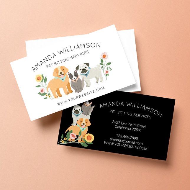 Adorable Floral Dog & Cat Pet Care Services White Business Card (Creator Uploaded)