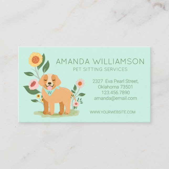 Adorable Floral Dog Pet Care Services Green Business Card (Front)