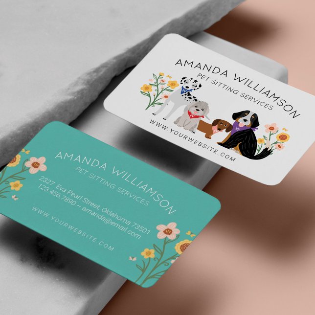 Adorable Floral Dogs Breed Pet Care Services White Business Card (Creator Uploaded)