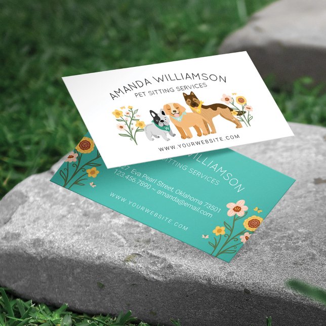 Adorable Floral Dogs Breed Pet Care Services White Business Card (Creator Uploaded)