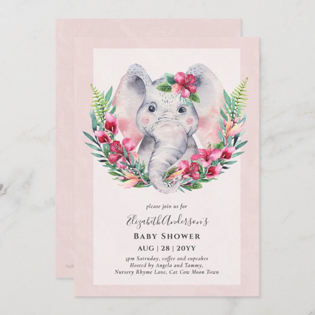 Adorable Floral Elephant Baby Shower Invite (Front/Back)