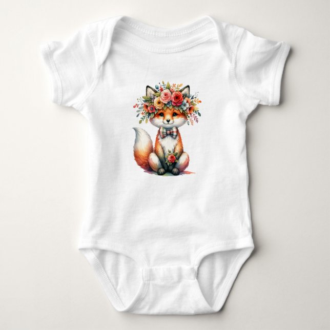 Adorable Floral Fox Baby Bodysuit (Front)